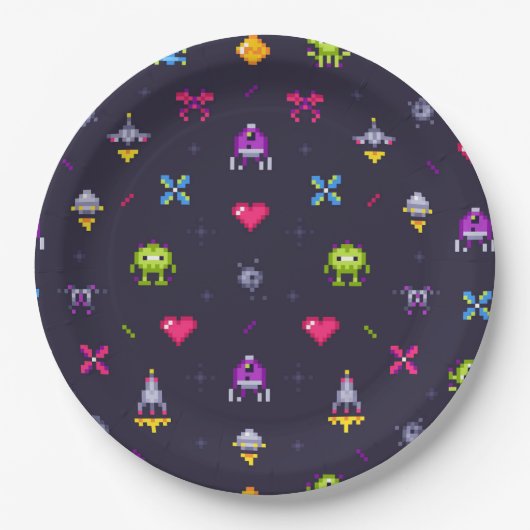 Assiettes En Carton Retro Arcade Jeu Motif fête d'anniversaire (Devant)