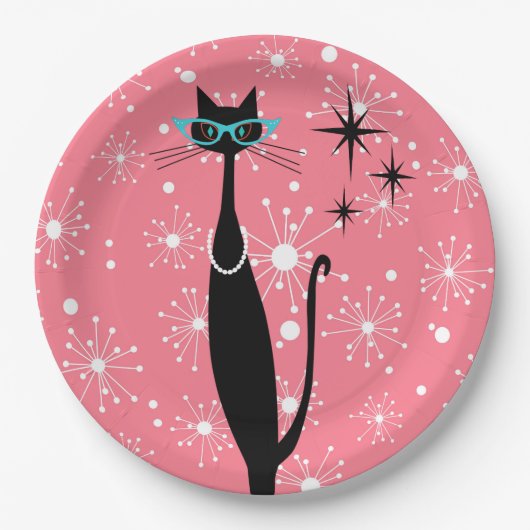 Assiettes En Carton Retro Atomique Moyen Siècle Moderne MCM Chat noir (Devant)