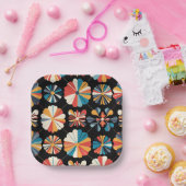 Assiettes En Carton Retro Black Rainbow geometric Flowers Pattern  (Fête)