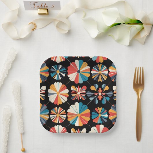 Assiettes En Carton Retro Black Rainbow geometric Flowers Pattern  (Mariage)