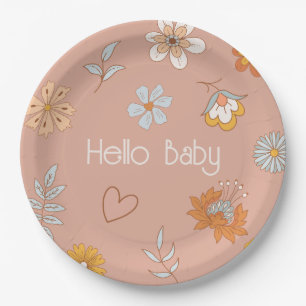 Assiettes En Carton Retro Boho Floral Baby shower Hello Baby Tableware