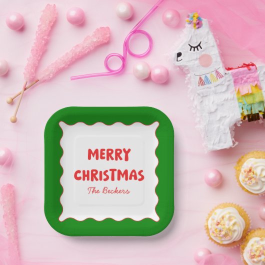 Assiettes En Carton Retro Bold Wavy Red & Green Custom Joyeux Noël (Fête)