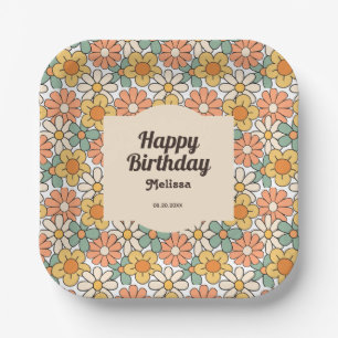 Assiettes En Carton Retro Brown Pêche Floral Super Anniversaire