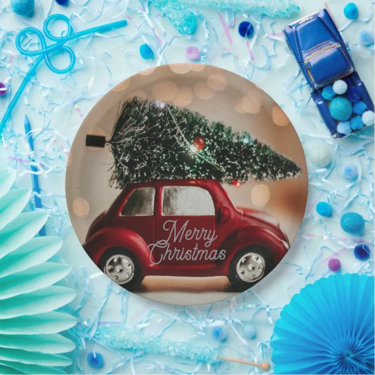 Assiettes En Carton Retro Car Carrying Christmas Tree Paper Plates (Fête)