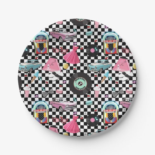 Assiettes En Carton Retro Checker 50's Cinquante Thème Anniversaire (Devant)