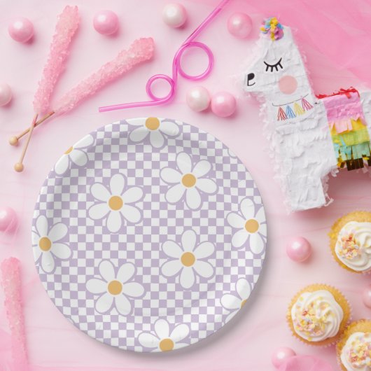 Assiettes En Carton Retro Checker Lilac Daisy anniversaire (Fête)
