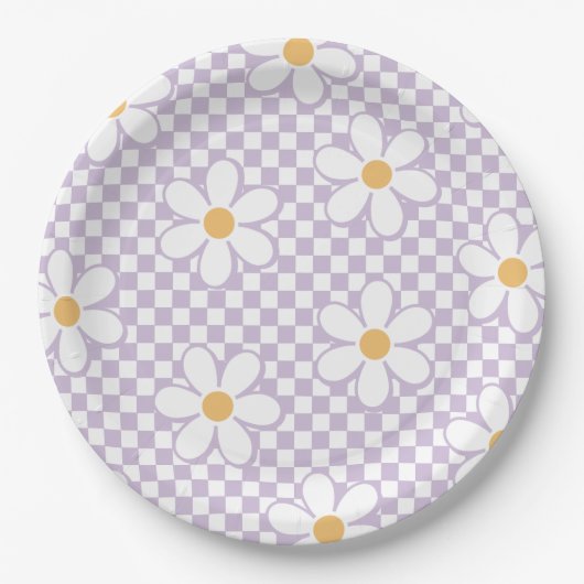 Assiettes En Carton Retro Checker Lilac Daisy anniversaire (Devant)