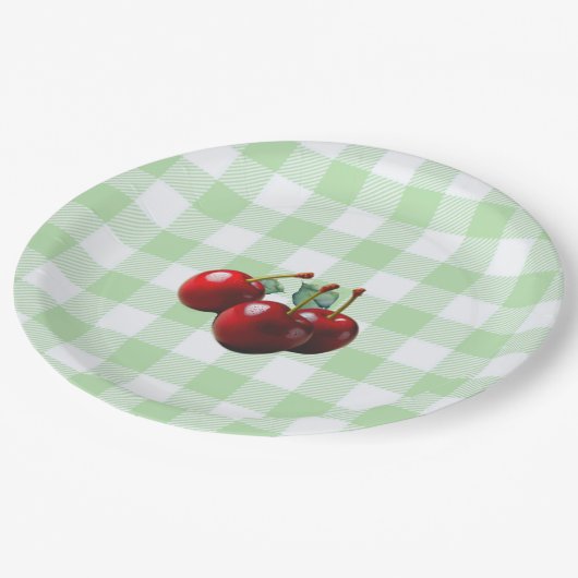 Assiettes En Carton Retro Cherries fresh picked green gingham (Angle)