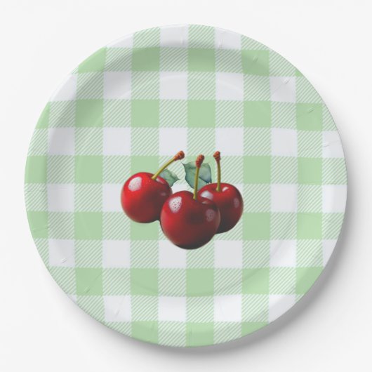 Assiettes En Carton Retro Cherries fresh picked green gingham (Devant)