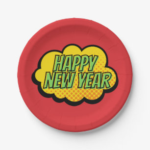 Assiettes En Carton Retro Comic Style Livre Happy New Year Plaque papi