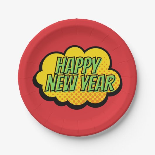 Assiettes En Carton Retro Comic Style Livre Happy New Year Plaque papi (Devant)
