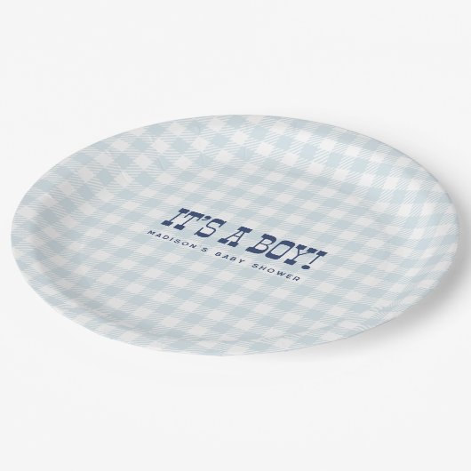 Assiettes En Carton Retro Cowboy Blue En vichy Boy Baby shower Plaques (Angle)