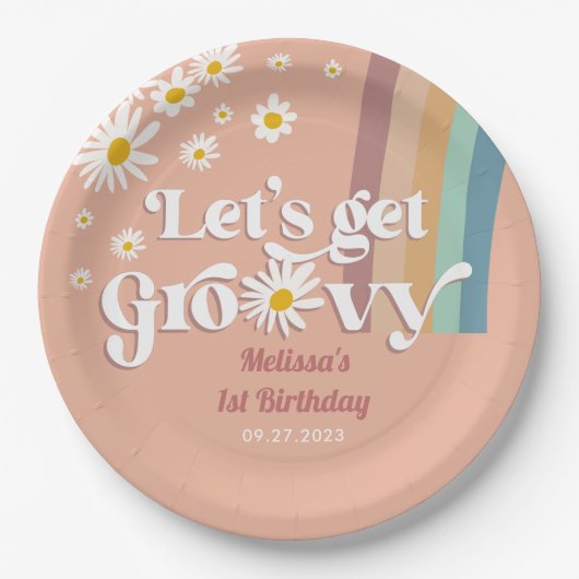 Assiettes En Carton Retro Daisy Obtenons Super Anniversaire (Devant)