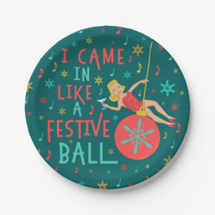 Assiettes En Carton Rétro femme de Noël drôle sur la boule de fête