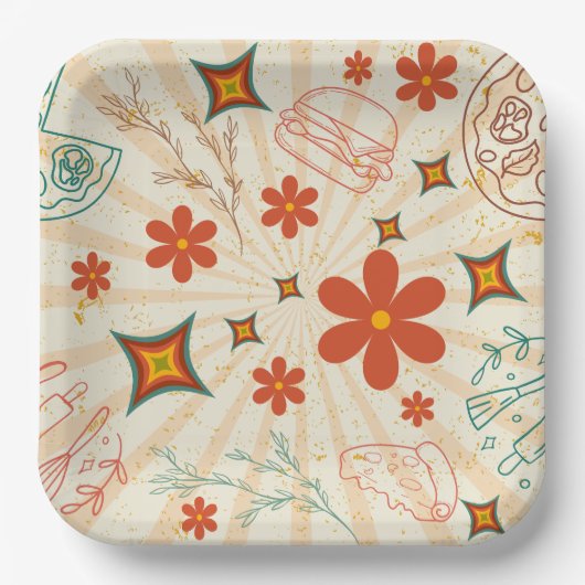Assiettes En Carton Retro Floral Fast Food Motif (Recto)