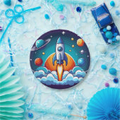 Assiettes En Carton Retro, fusée spatiale (Fête)