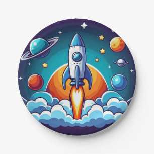 Assiettes En Carton Retro, fusée spatiale