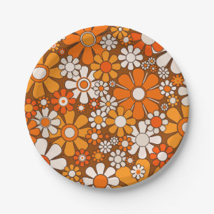 Assiettes En Carton Retro Garden Floral 60s les années 70 Motif Brown