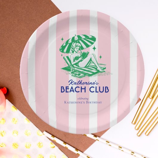 Assiettes En Carton Retro Girl Beach Club Pink Stripes fête d'annivers