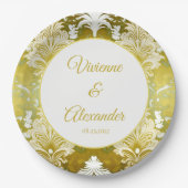 Assiettes En Carton Retro Gold Green Mariage damassé (Devant)