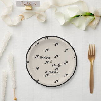 Assiettes En Carton Retro Grey Hand Drawn Heart Illustrated Wedding