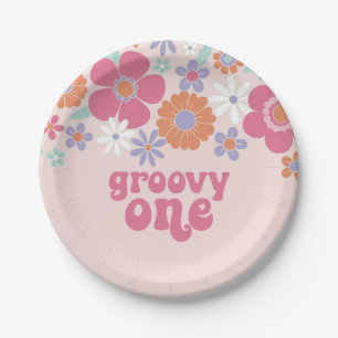 Assiettes En Carton Rétro Groovy One Fleur Rose