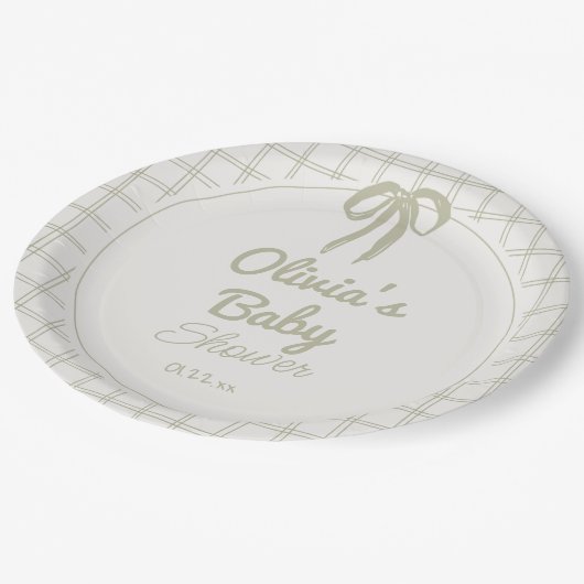 Assiettes En Carton Retro Hand Drawn Green Bow Gingham Baby Shower (Angle)