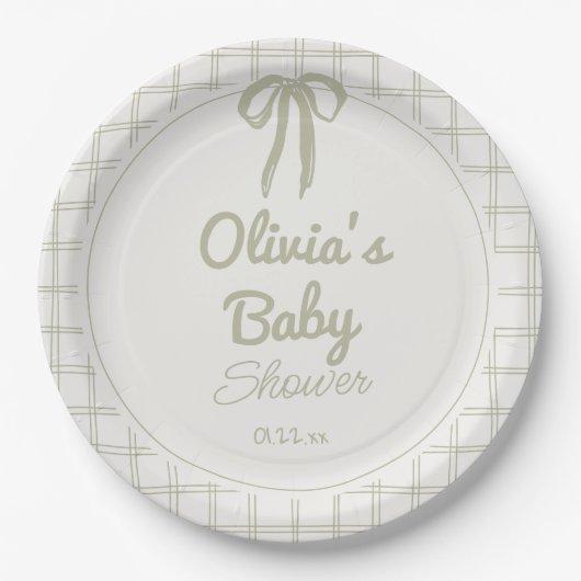 Assiettes En Carton Retro Hand Drawn Green Bow Gingham Baby Shower (Devant)