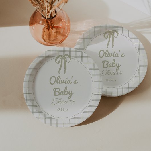 Assiettes En Carton Retro Hand Drawn Green Bow Gingham Baby Shower