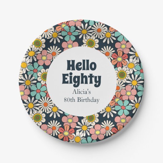 Assiettes En Carton Retro Hippie Super Fleur Bonjour Quatre-Vingt Anni (Devant)