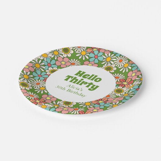 Assiettes En Carton Retro Hippie Super Fleur Bonjour Trente Anniversai (Angle)