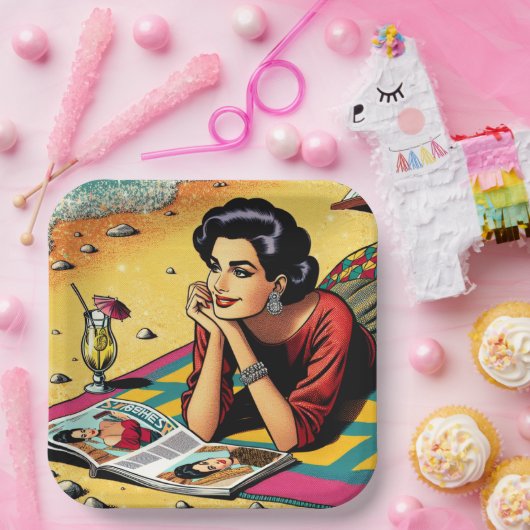 Assiettes En Carton Retro Lady at Beach Daydreabout Fashion (Fête)