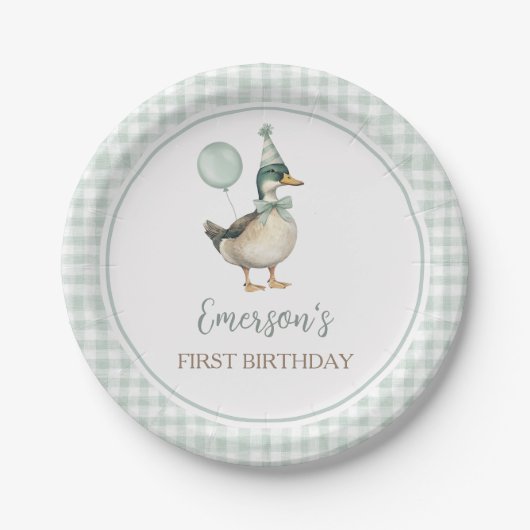 Assiettes En Carton Retro Lucky Duck Sage Green En vichy 1er anniversa (Devant)