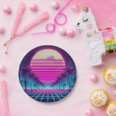 Assiettes En Carton rétro, lune de néon des années 80/palmiers (Fête)