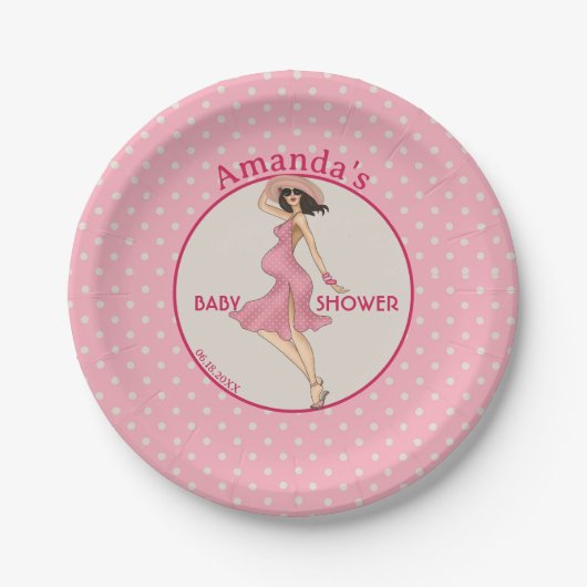 Assiettes En Carton Retro Maman Brunette 2 Baby shower Party (Devant)