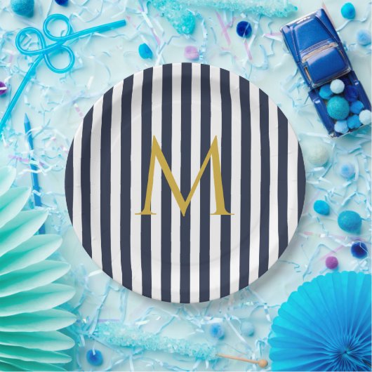 Assiettes En Carton Retro Monogramme Marine Bleu & Blancs Gratuits (Fête)