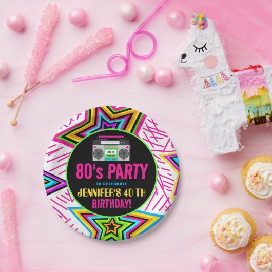 Assiettes En Carton Retro Neon 80s fête d'anniversaire (Fête)