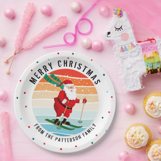 Assiettes En Carton Retro Noël Sunset Ski Père Noël Personnalisé (Fête)