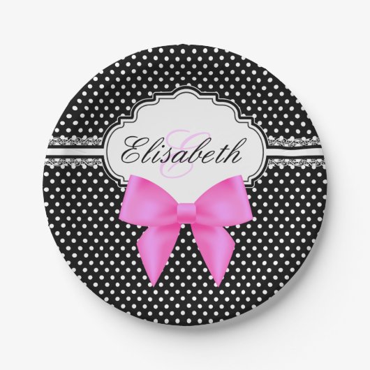 Assiettes En Carton Rétro nom blanc noir de monogramme d'arc de rose (Devant)