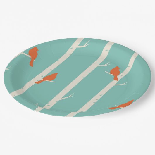 Assiettes En Carton Rétro Orange Birds on Birch Trees (Angle)