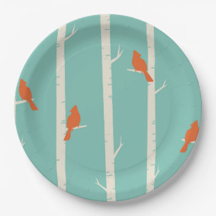 Assiettes En Carton Rétro Orange Birds on Birch Trees