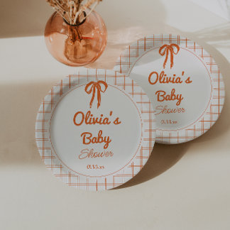 Assiettes En Carton Retro Orange Hand Drawn Written Bow Baby Shower