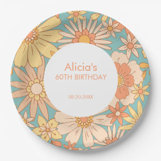 Assiettes En Carton Retro Orange Peach Botanical Green 60e Anniversair