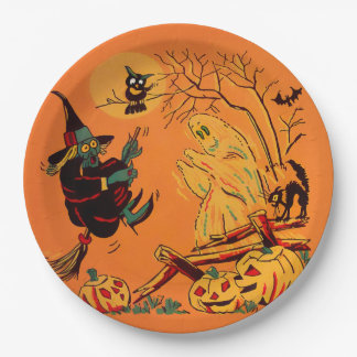 Assiettes En Carton Retro Orange Witch Halloween 