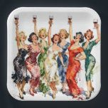 Assiettes En Carton Retro Party Ladies with Red Wine<br><div class="desc">A cheerful group of women in elegant party dresses is joyfully raising their glasses of red wine,  celebrating together at a festive gathering that captures a delightful retro vibe.</div>