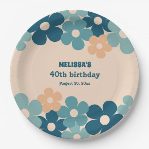 Assiettes En Carton Retro Peach Green Boho Flower 40th Birthday