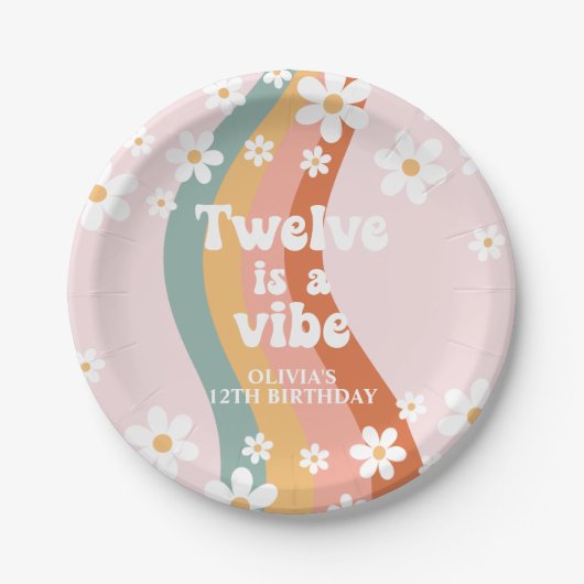 Assiettes En Carton Retro Rainbow Twelve est un Vibe Daisy 12e anniver (Devant)