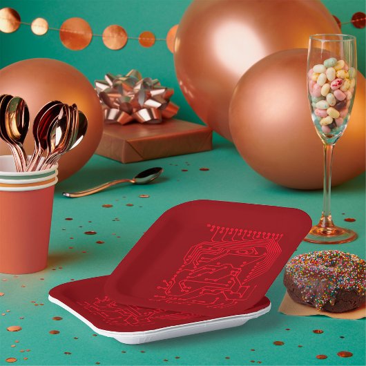 Assiettes En Carton Retro Red Circuit Board Tech Pattern