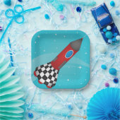 Assiettes En Carton Retro Red Rocket Ship in Space Galactic (Fête)