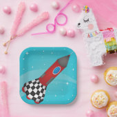 Assiettes En Carton Retro Red Rocket Ship in Space Galactic (Fête)